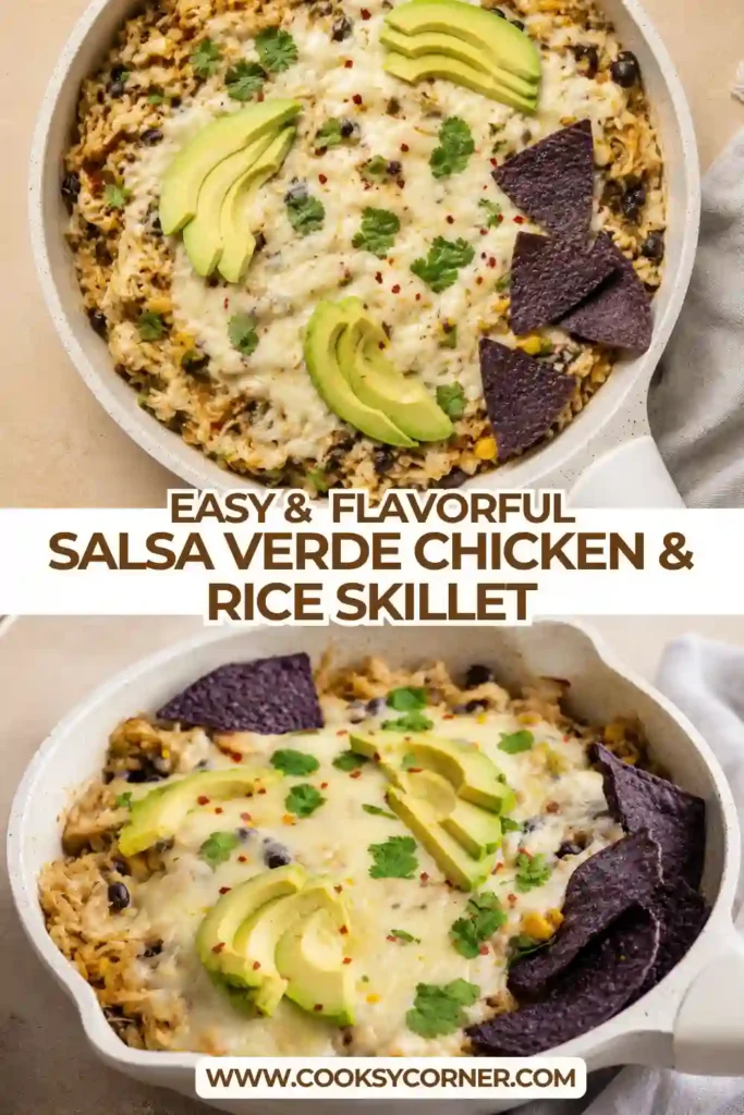 Cheesy salsa verde chicken skillet filled with long-grain rice, black beans, corn, shredded chicken, and bright green salsa. Melted cheese covers the top with cilantro and avocado for garnish.