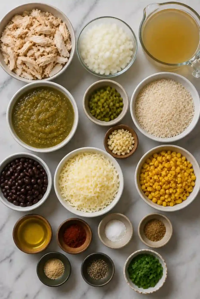 Salsa verde chicken and rice with black beans, corn, green chiles, and melted cheese in a large skillet. Fresh cilantro and avocado create a bright, colorful topping.