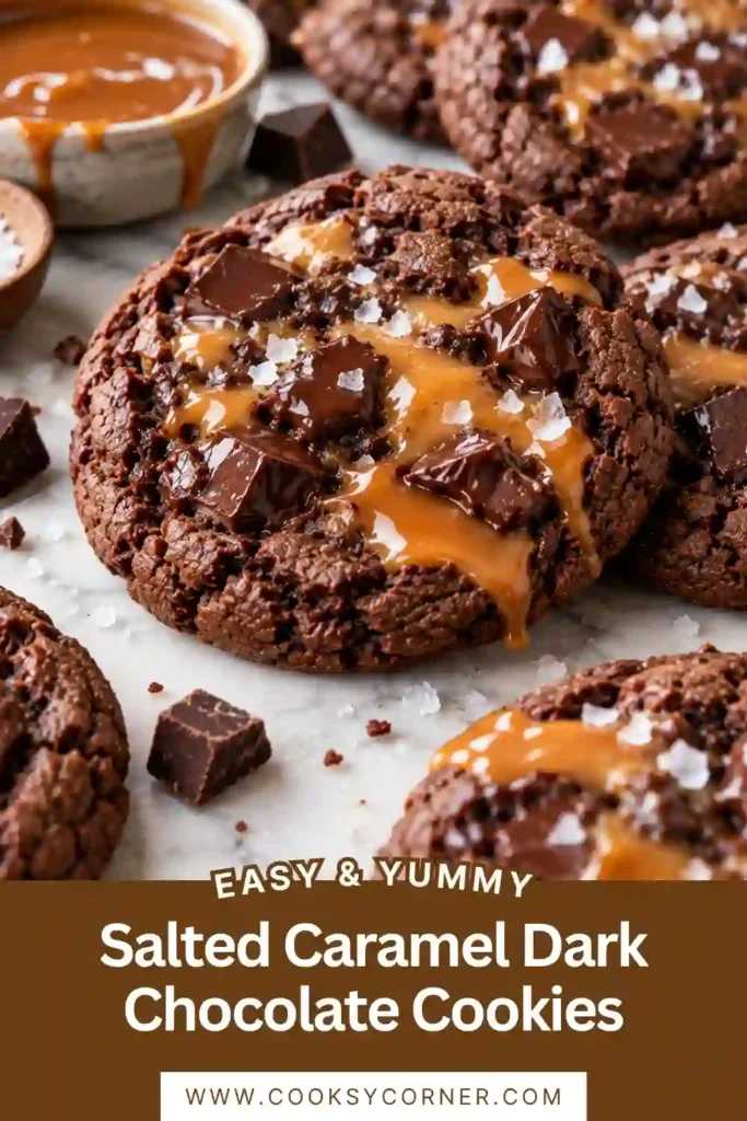 Caramel stuffed chocolate cookies with rich dark cocoa dough and pools of melted chocolate. Flaky sea salt covers the tops while gooey caramel stretches from the center.