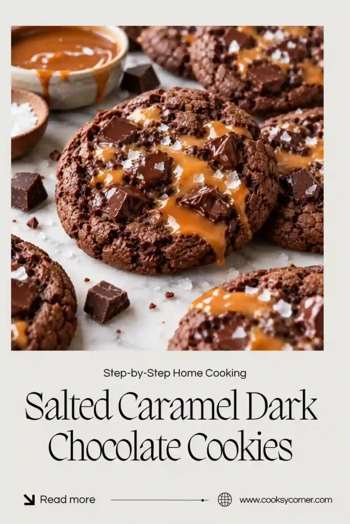 Freshly baked dark chocolate caramel cookies topped with chocolate chips and coarse sea salt. The thick cocoa cookies have soft centers filled with melted caramel.