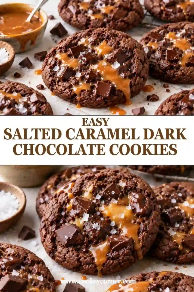 Salted Caramel Dark Chocolate Cookies with fudgy chocolate centers, melted chocolate chips, and flaky sea salt. A broken cookie reveals a warm, gooey caramel filling inside.