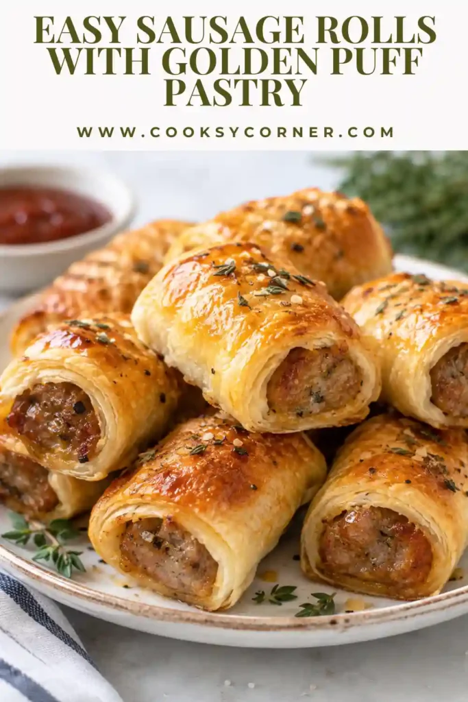Mini sausage rolls arranged on a parchment-lined baking sheet after baking. The puff pastry is golden and puffed, with small steam vents on top.