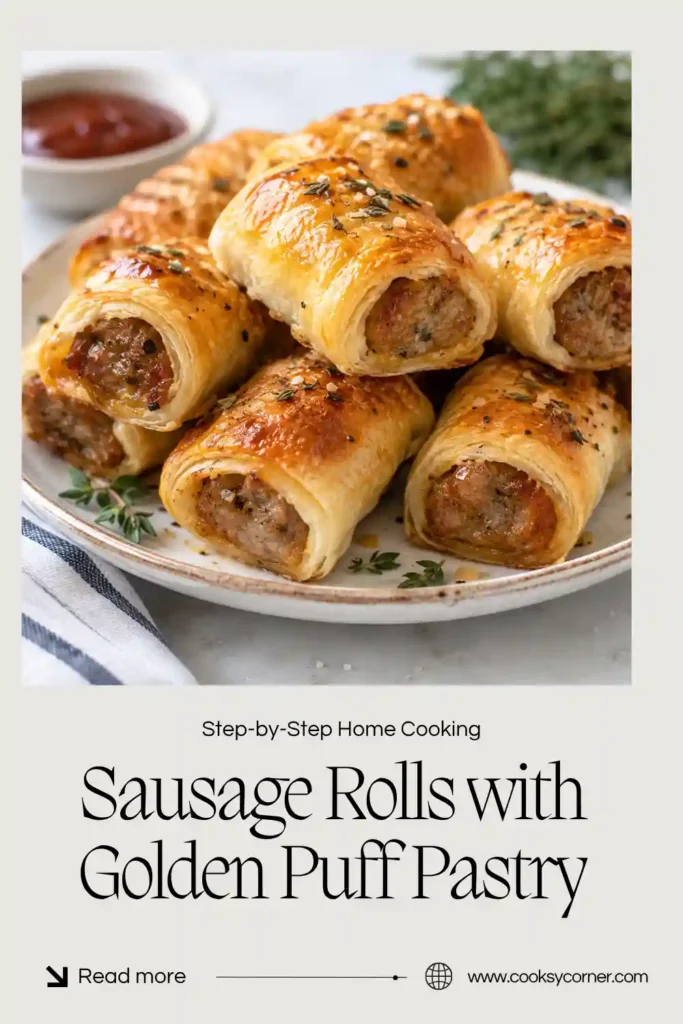 Close-up of a beef sausage roll cut open to show its seasoned filling and flaky pastry layers. The baked pastry has a golden egg-washed surface.