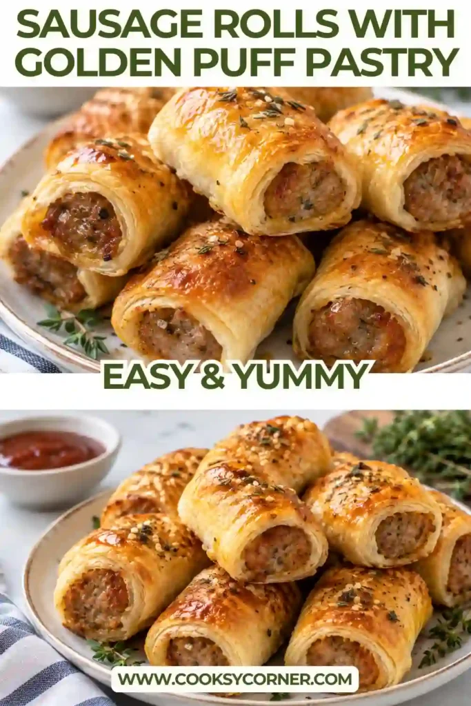 Golden sausage rolls arranged on a serving platter with flaky puff pastry and a savory beef filling. The mini rolls have lightly browned tops and visible pastry layers.