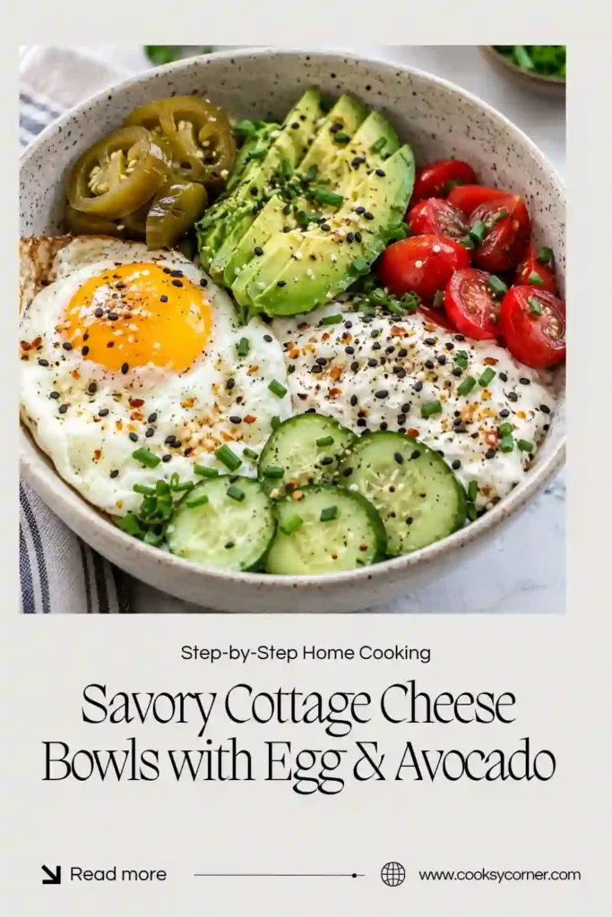 Cottage cheese breakfast bowl with creamy cottage cheese, a golden fried egg, avocado slices, fresh cucumber, tomatoes, and pickled jalapeños. The colorful bowl is finished with everything bagel seasoning and chopped chives.