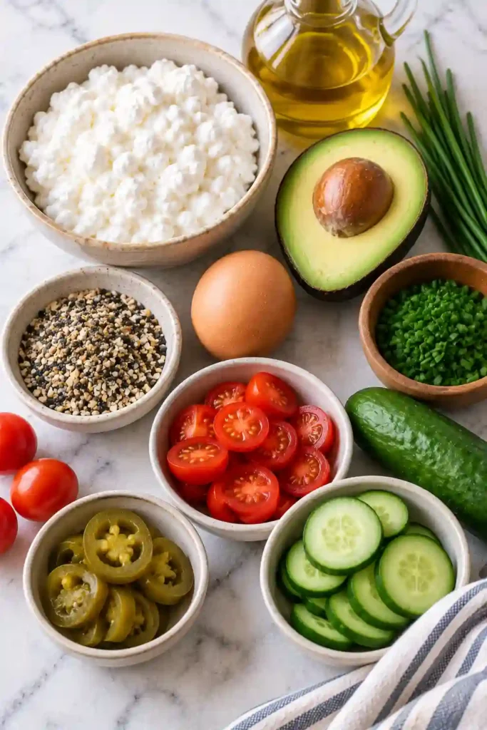 Savory cottage cheese and egg bowl filled with creamy cottage cheese, buttery avocado, crisp cucumber, juicy tomatoes, pickled jalapeños, and a fried egg. Everything bagel seasoning adds texture and savory flavor.