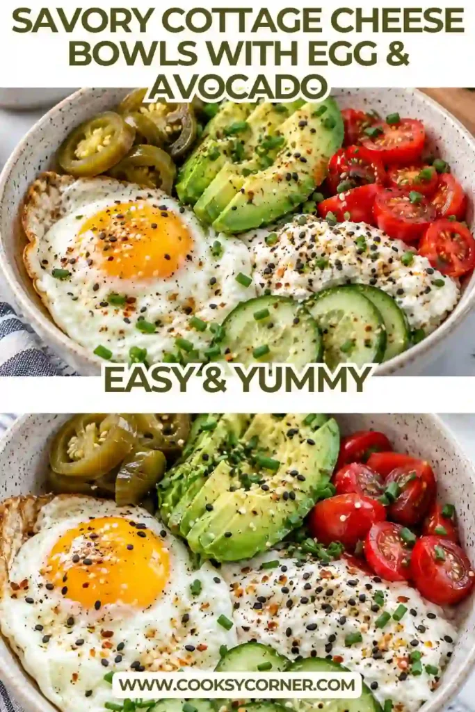 Savory Cottage Cheese Bowls topped with a crispy fried egg, sliced avocado, tomato, cucumber, pickled jalapeños, and fresh chives. Everything bagel seasoning adds a savory finish to the creamy cottage cheese.