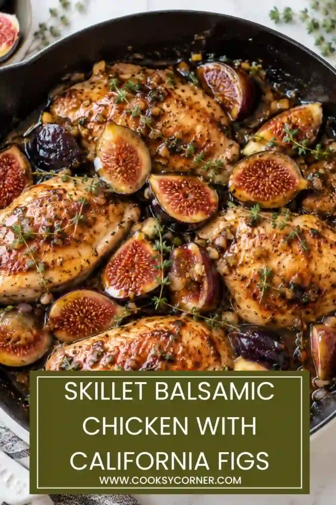 Golden skillet chicken thighs surrounded by tender fresh figs and a glossy balsamic fig sauce. This one-skillet chicken dinner is finished with fresh thyme and lemon.