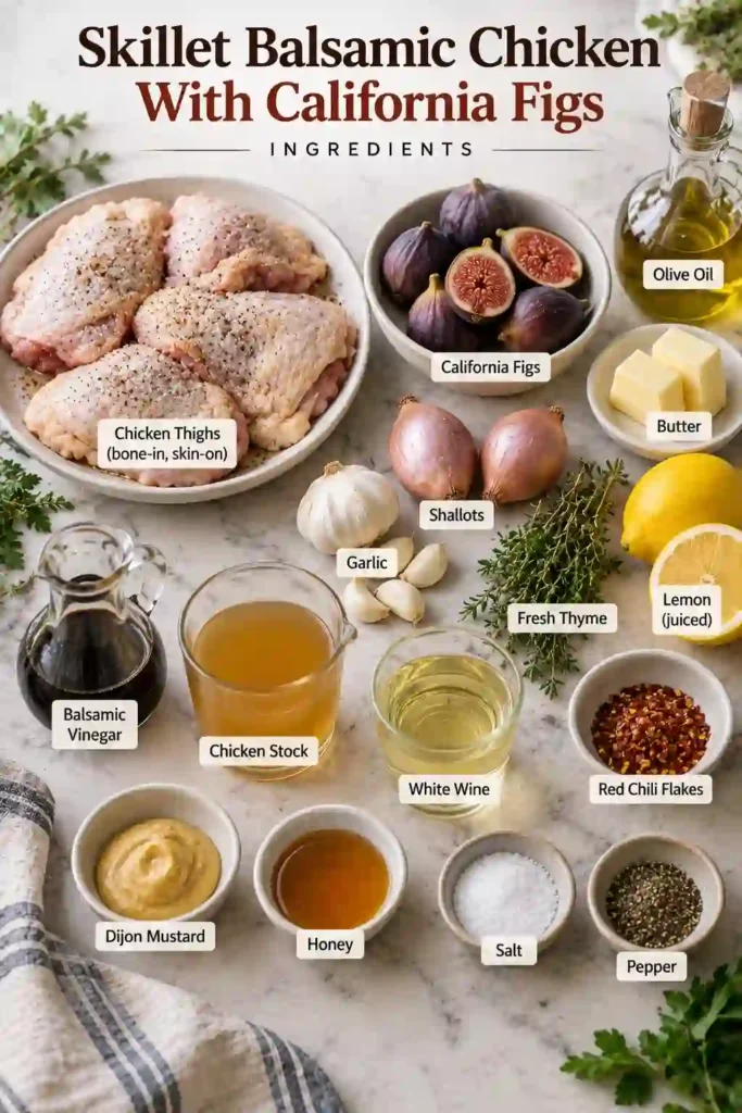 Homemade balsamic fig chicken with crispy-skinned chicken thighs, fresh figs, shallots, and herbs. A rich honey balsamic sauce coats the chicken and fruit.