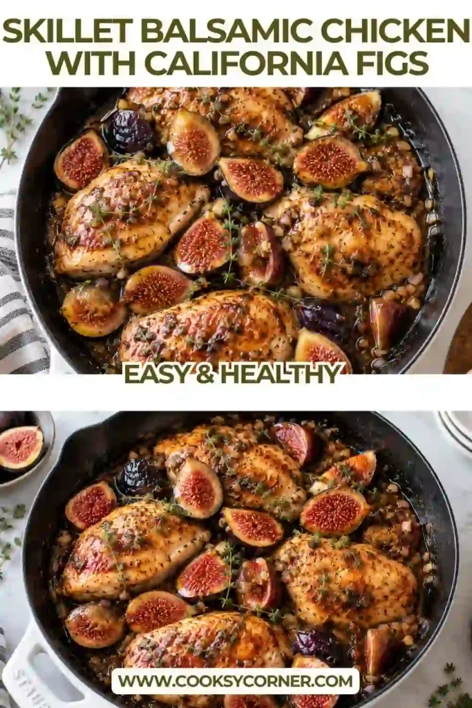 Skillet Balsamic Chicken With California Figs featuring golden chicken thighs and halved fresh figs in a glossy balsamic sauce. Fresh thyme adds color to this sweet and savory skillet dinner.