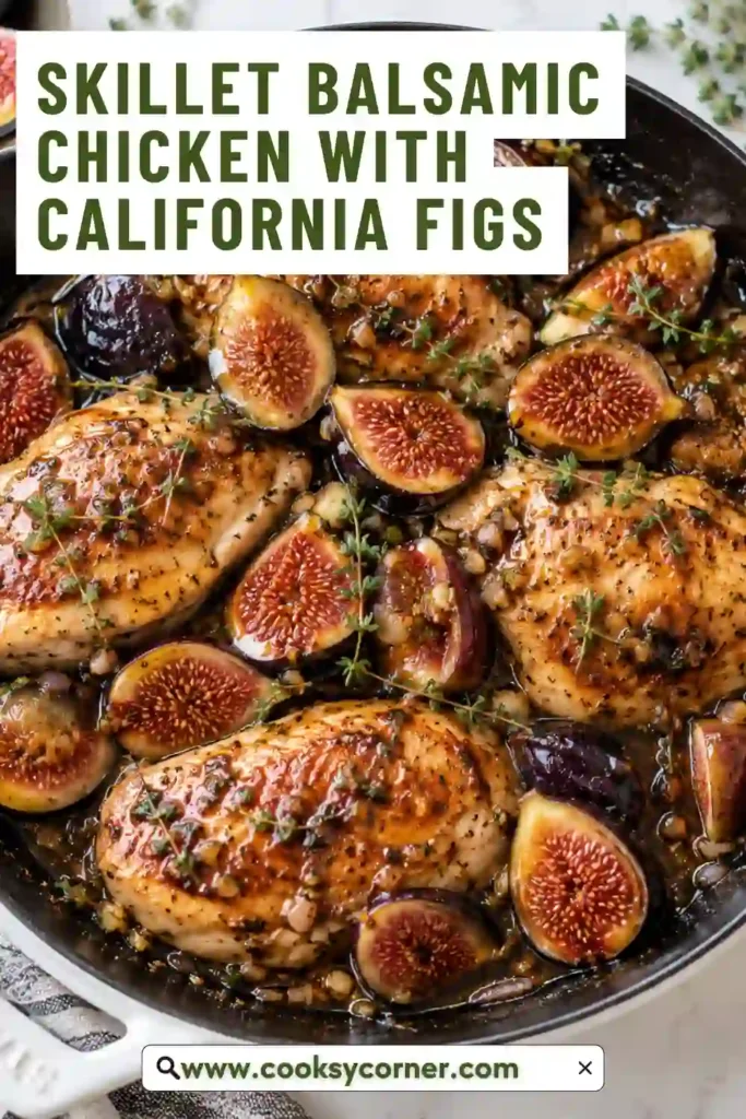 Balsamic chicken with figs served in a rustic skillet with browned chicken thighs, fresh California figs, and aromatic thyme. The chicken is coated in a rich honey Dijon balsamic sauce.