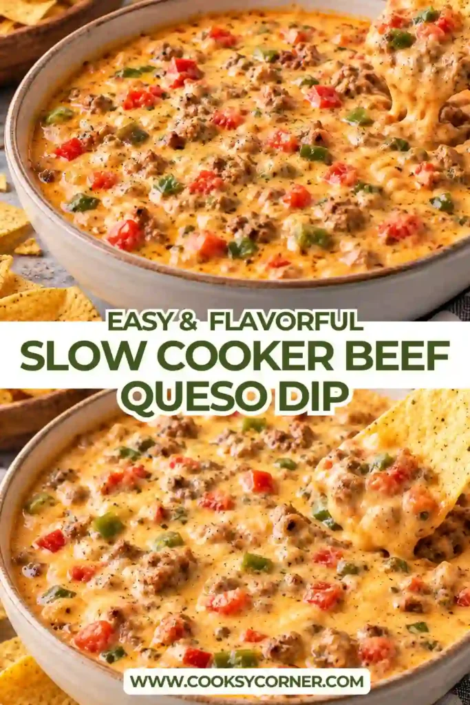 Ground beef queso dip served in a bowl with melted cheese, peppers, and fresh toppings. The rich slow cooker cheese dip has a smooth, creamy texture perfect for tortilla chips.