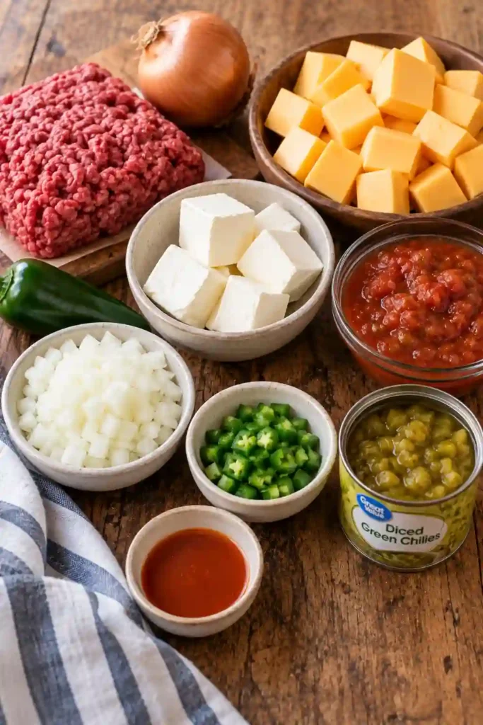 Warm crockpot beef queso made with ground beef, Velveeta, cream cheese, salsa, and diced green chilies. The creamy dip is garnished with jalapeño and served alongside crunchy tortilla chips.