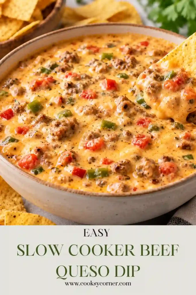 Slow Cooker Beef Queso Dip served warm with tortilla chips and topped with diced jalapeño. This creamy cheese dip combines ground beef, Velveeta, cream cheese, salsa, and green chilies.