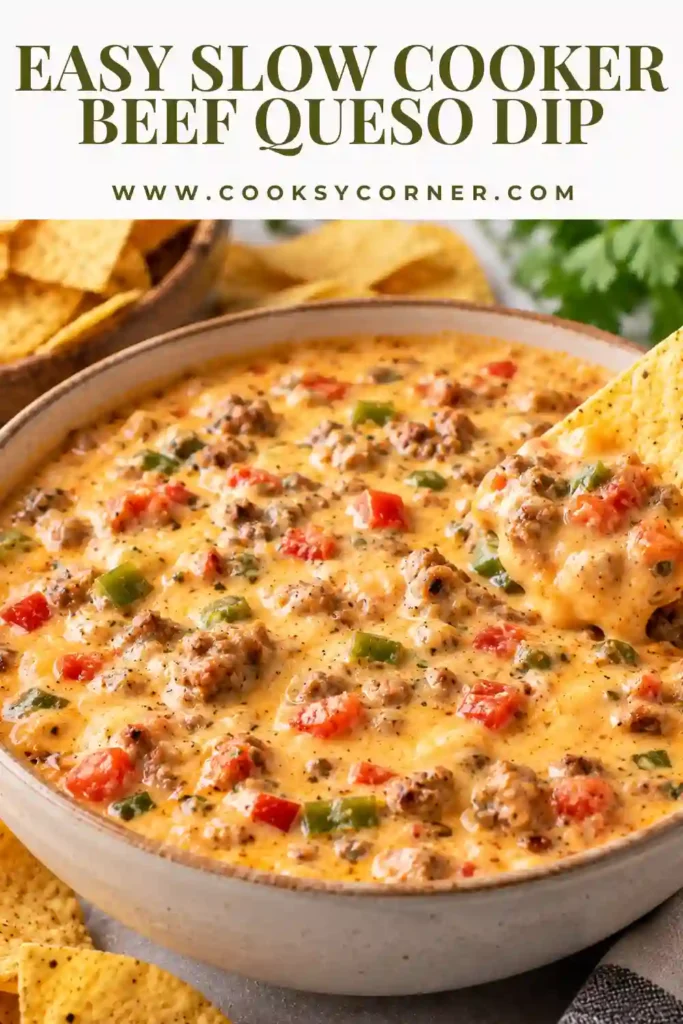 Creamy Slow Cooker Beef Queso Dip filled with seasoned ground beef, melted cheese, salsa, jalapeño, and green chilies. The warm crockpot queso is served with crispy tortilla chips.