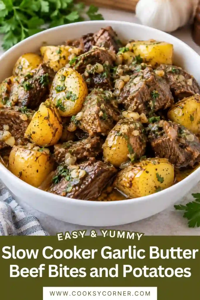 Slow cooker beef and potatoes with juicy beef bites, tender baby potatoes, and bright green beans. Garlic and butter create a rich sauce that coats the beef and vegetables.