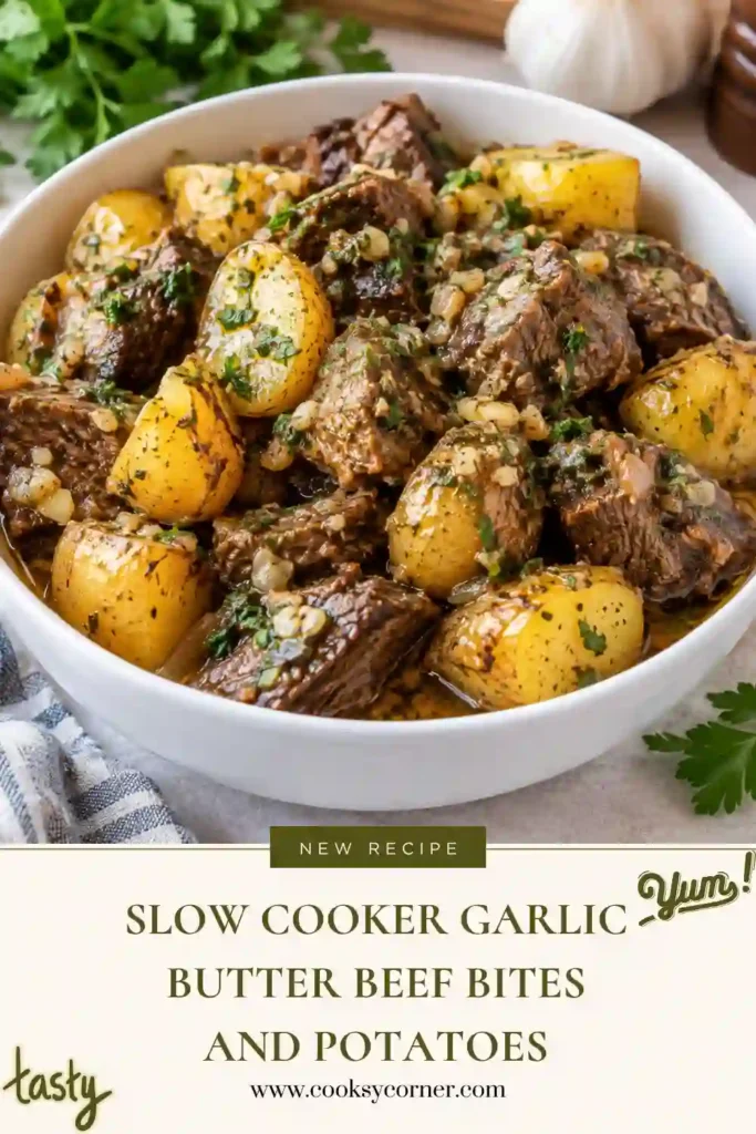 Slow Cooker Garlic Butter Beef Bites and Potatoes served with tender green beans in a rich, savory butter sauce. The beef is slow cooked until tender alongside golden baby potatoes.