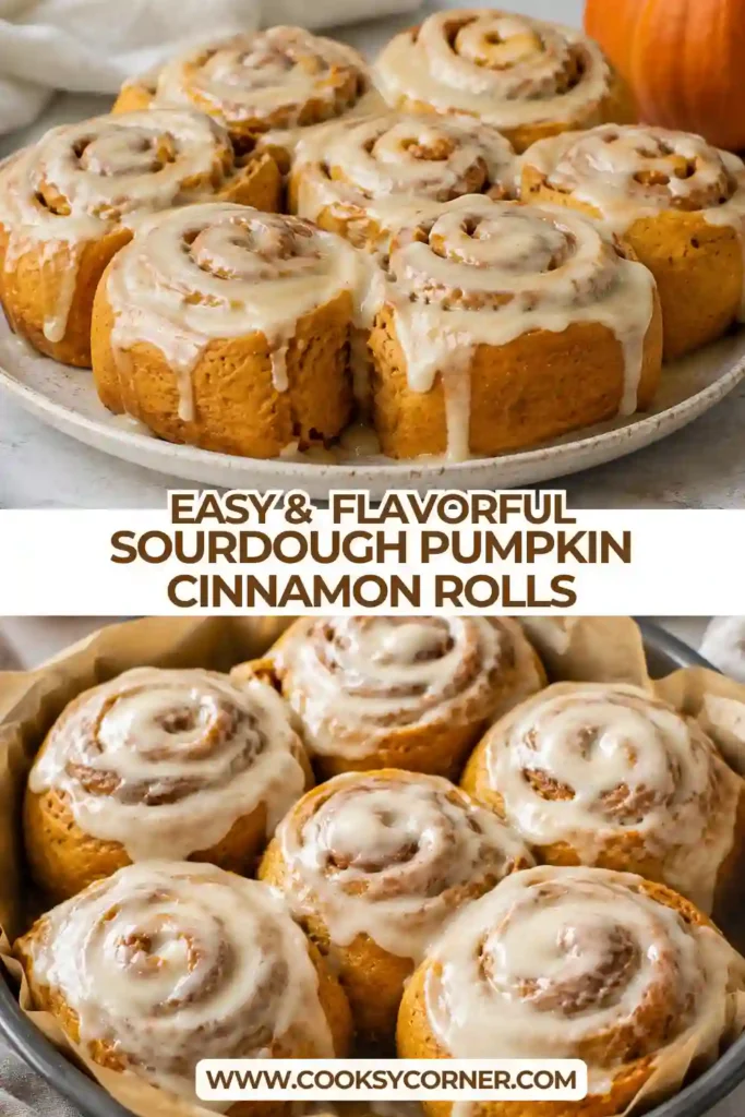 Fluffy pumpkin sourdough cinnamon rolls baked together until golden and topped with smooth cream cheese frosting. The rolls feature visible layers of pumpkin dough and cinnamon sugar filling.