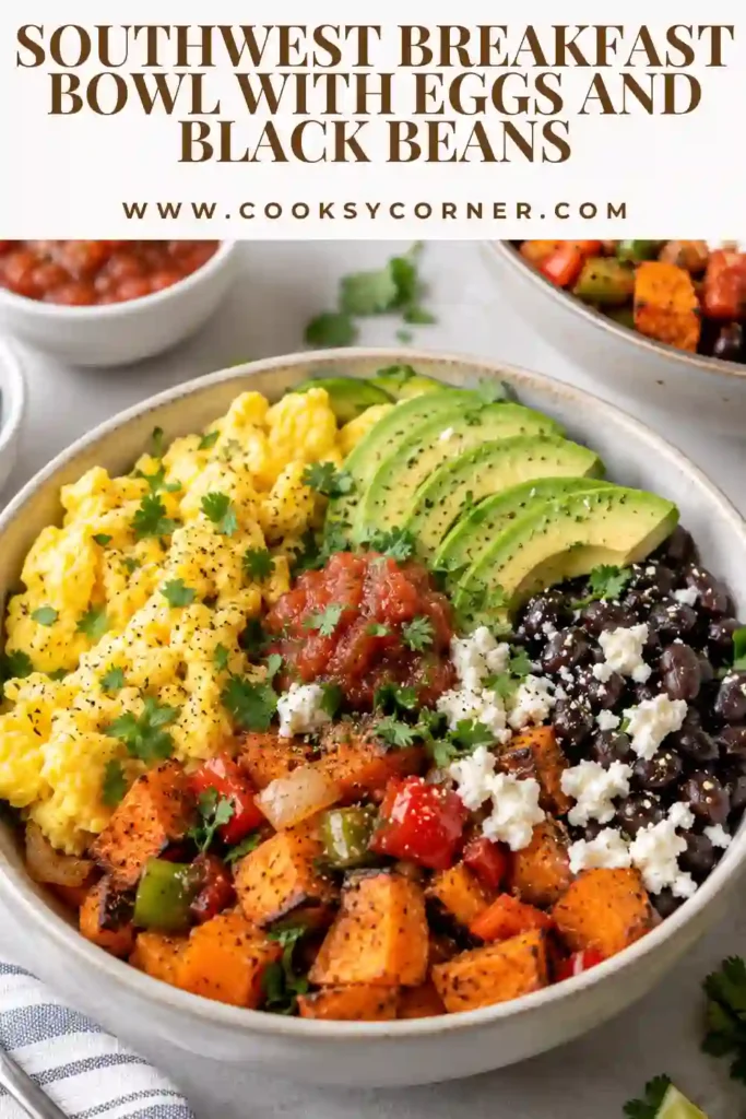 Potato breakfast bowl topped with cheesy scrambled eggs, salsa black beans, creamy avocado slices, and chopped cilantro. This hearty vegetarian breakfast combines fresh and savory Southwestern-inspired ingredients.
