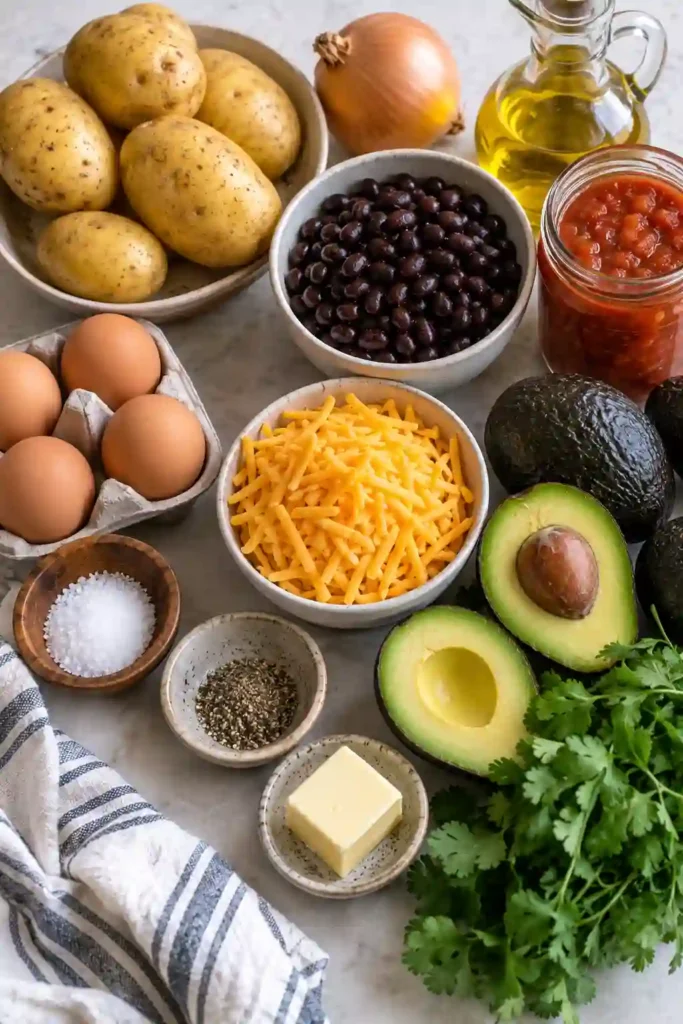 Southwest Breakfast Bowl featuring golden breakfast potatoes, black beans, scrambled eggs, melted cheese, avocado, and salsa. Fresh cilantro adds a vibrant green finish to the colorful breakfast.