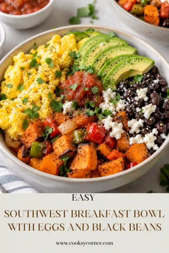 Easy Southwest breakfast bowl with fluffy scrambled eggs, crispy potatoes, black beans, avocado, cheddar, and fresh cilantro. The colorful ingredients are arranged together for a hearty breakfast or brunch.
