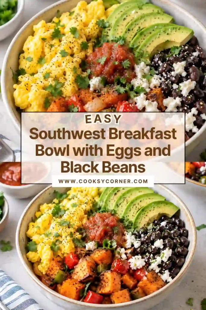 Southwest Breakfast Bowl filled with crispy golden potatoes, salsa black beans, scrambled eggs, cheddar cheese, and sliced avocado. Fresh cilantro and salsa add color and Southwestern-inspired flavor.