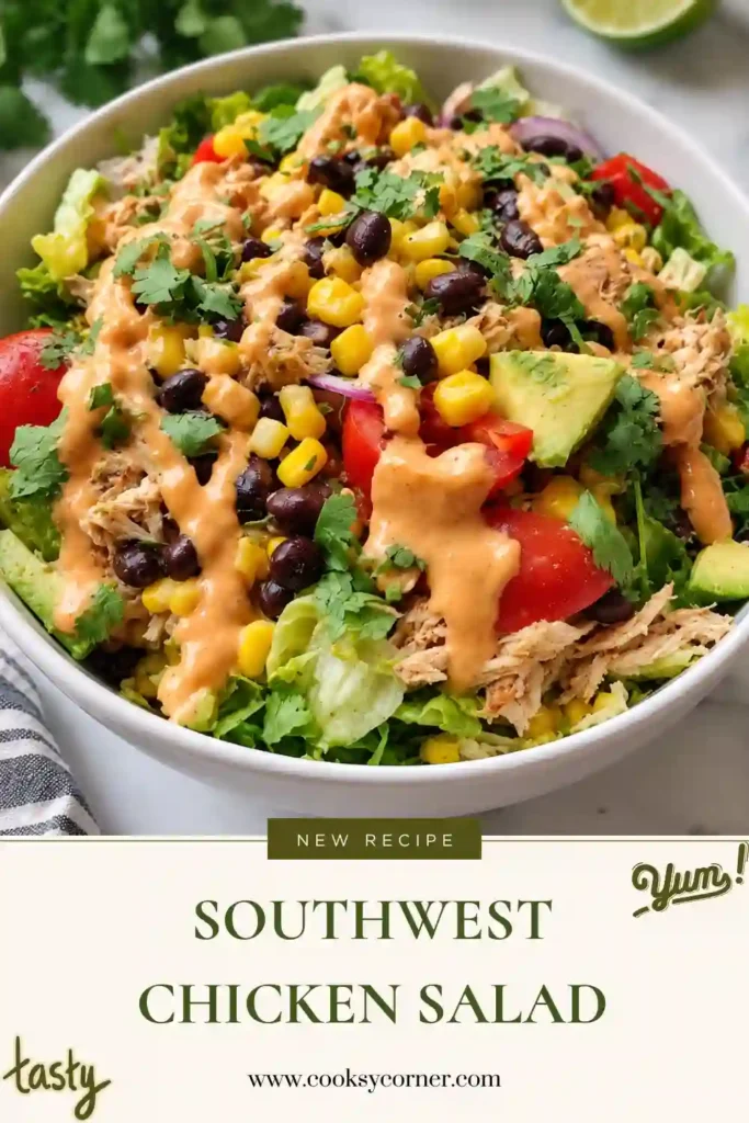 Fresh ingredients for a healthy southwest salad arranged on a wooden surface, including shredded chicken, chopped romaine, black beans, corn, tomatoes, avocado, and cilantro. These colorful ingredients create a satisfying chicken salad with fresh vegetables and protein.