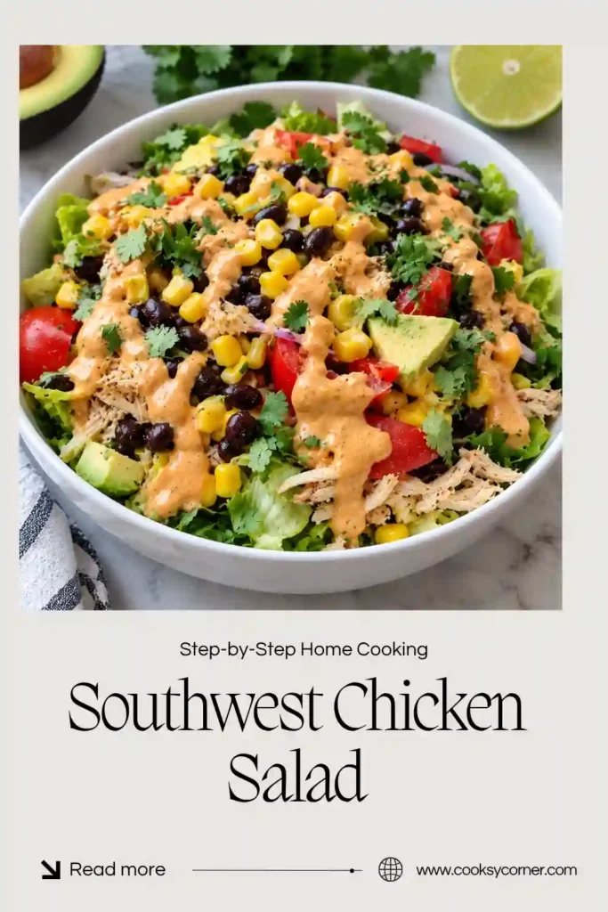 Southwest Chicken Salad served in a large bowl with shredded chicken, romaine lettuce, black beans, corn, cherry tomatoes, and avocado. Creamy chipotle lime dressing adds a flavorful finish to this colorful high protein chicken salad.