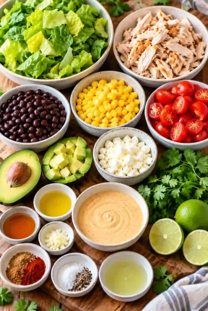 Finished Southwest Chicken Salad topped with creamy chipotle lime dressing, diced avocado, black beans, corn, and fresh cilantro. Tender chicken and crisp romaine create a colorful, satisfying salad bowl ready to serve.