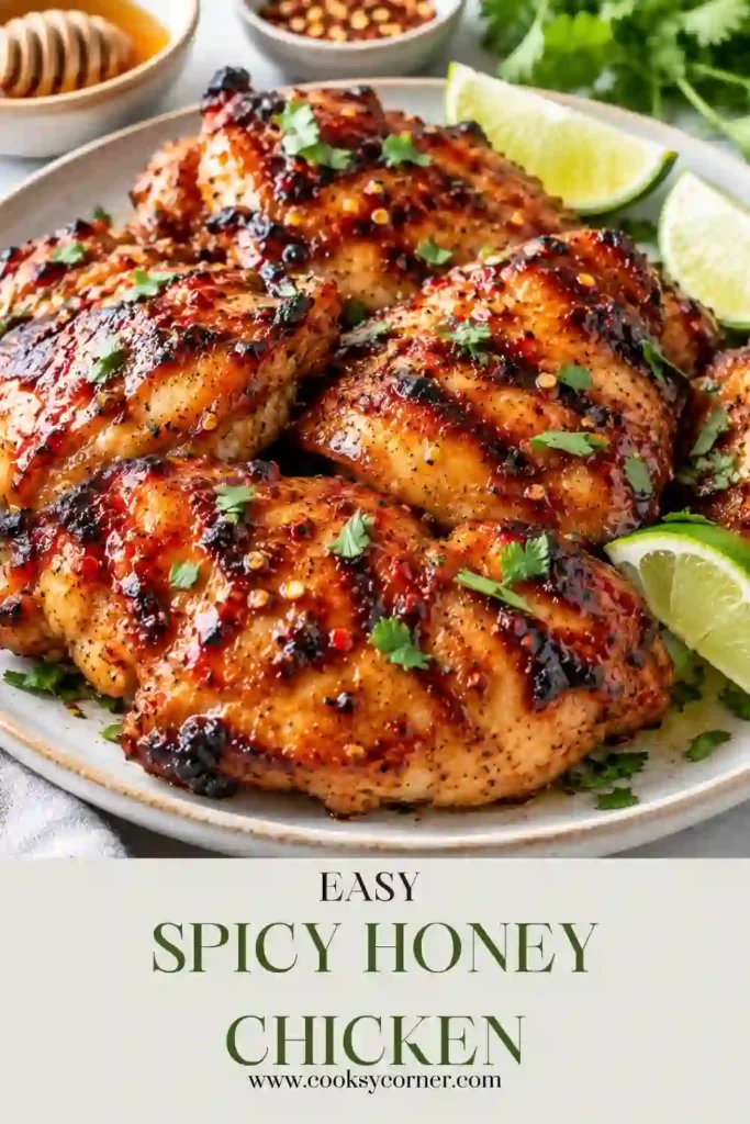 Sweet and spicy chicken thighs fresh from the grill with a golden honey glaze. Chili powder, cumin, garlic, and chipotle create a smoky crust on the juicy grilled chicken.