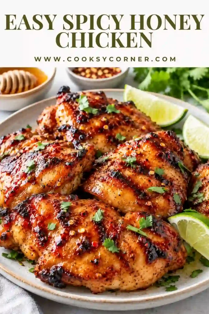 Spicy Honey Chicken made with juicy grilled chicken thighs coated in a sticky honey glaze and smoky spice rub. The chicken has caramelized edges and a glossy sweet and spicy finish.