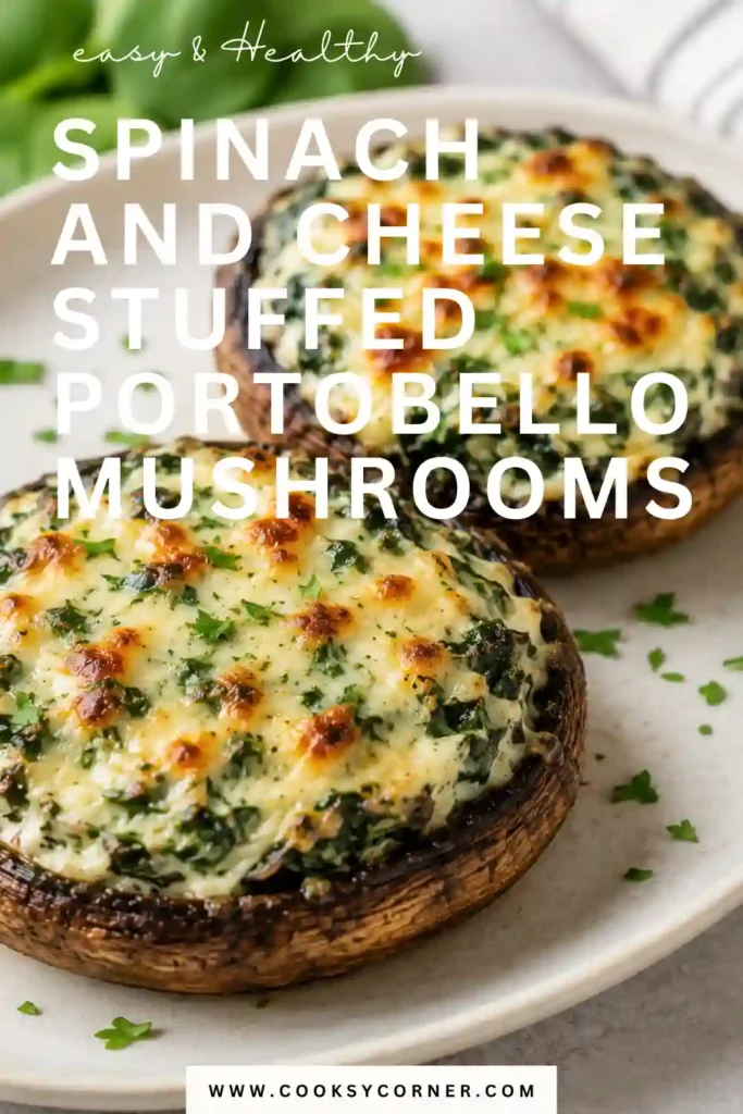 Baked stuffed portobello mushrooms with spinach, ricotta, Parmesan, and melted mozzarella. The mushrooms are roasted until tender with a creamy, cheesy filling.