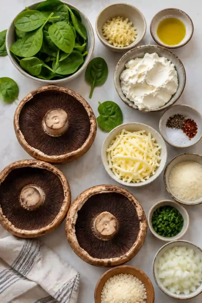 Spinach ricotta stuffed mushrooms served warm with melted mozzarella and Parmesan. These baked portobello mushrooms have a tender texture and creamy cheese center.