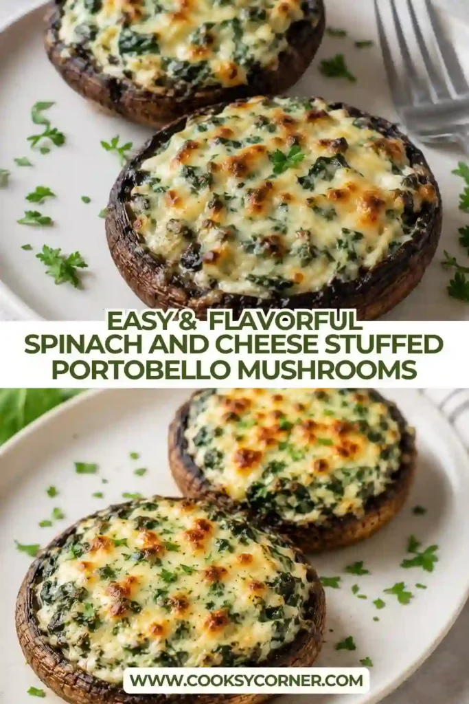 Cheesy stuffed portobello mushrooms filled with garlic spinach and creamy ricotta. Golden mozzarella covers the savory vegetarian mushroom filling.