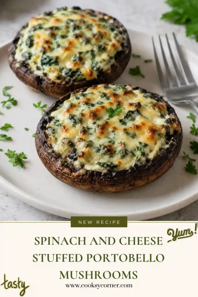 Spinach and Cheese Stuffed Portobello Mushrooms filled with creamy ricotta and fresh spinach. Melted mozzarella creates a golden, bubbly topping over the baked mushrooms.