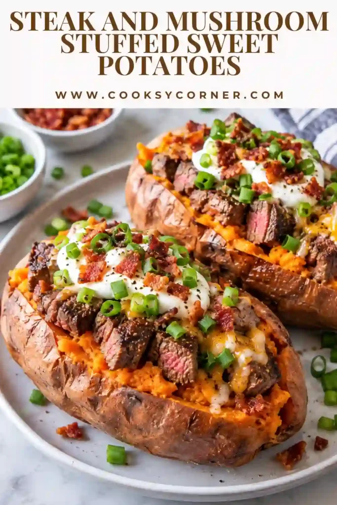Steak and mushroom stuffed sweet potato topped with savory beef, browned mushrooms, Parmesan, and fresh green onions. The soft roasted sweet potato contrasts with the rich and creamy steak filling.