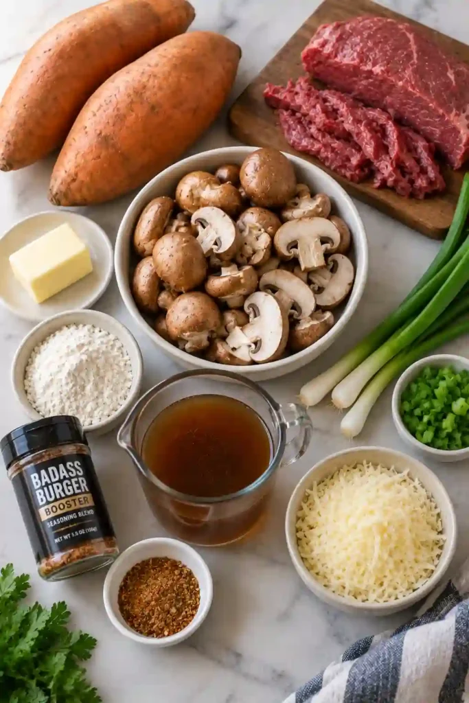 Loaded sweet potatoes filled with thinly sliced steak, sautéed mushrooms, green onions, and creamy Parmesan sauce. Melted cheese covers the warm beef and mushroom filling.