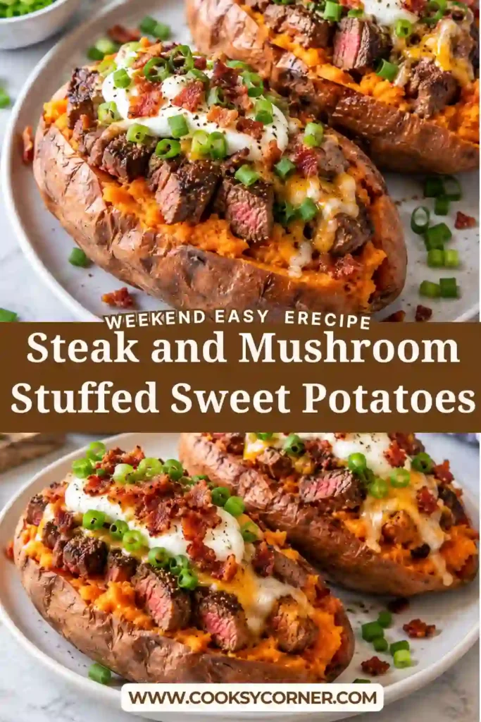 Baked sweet potato halves loaded with tender steak, mushrooms, green onions, and Parmesan cheese. These steak stuffed sweet potatoes have a rich, creamy filling and golden melted cheese.
