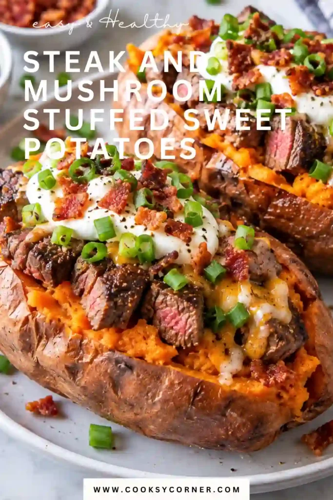 Steak and Mushroom Stuffed Sweet Potatoes filled with tender sliced beef, sautéed brown mushrooms, green onions, and melted Parmesan. The roasted sweet potatoes are topped with a creamy savory beef and mushroom filling.
