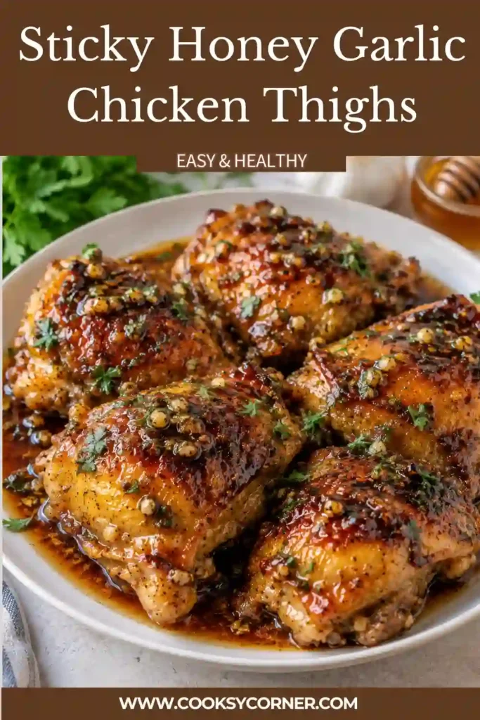 Pan cooked chicken thighs with a golden exterior and thick honey garlic glaze. The sticky chicken thighs are finished with a rich soy, garlic, ginger, and sesame sauce.