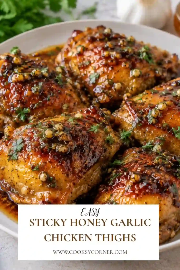 Sticky Honey Garlic Chicken Thighs coated in a glossy honey soy and garlic sauce. The pan cooked chicken is golden brown with a thick, caramelized glaze.