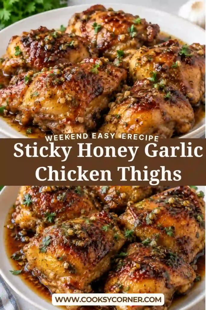 Juicy honey garlic chicken thighs covered with a sticky sweet and savory sauce. Fresh garlic, ginger, honey, and soy sauce create a rich glossy finish.