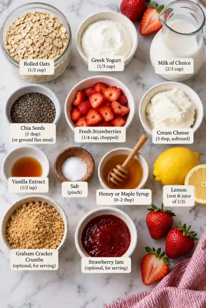 Homemade Greek yogurt overnight oats with strawberries, cream cheese, and lemon served in a glass jar. Fresh strawberries and graham cracker crumbs create a strawberry cheesecake-inspired topping.