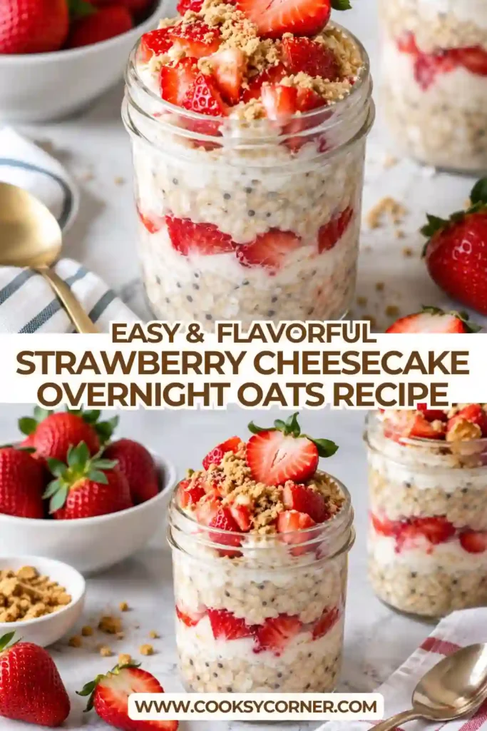 Strawberry Cheesecake Overnight Oats in a glass jar topped with fresh sliced strawberries and graham cracker crumbs. The creamy oats feature Greek yogurt, cream cheese, vanilla, and fresh lemon.