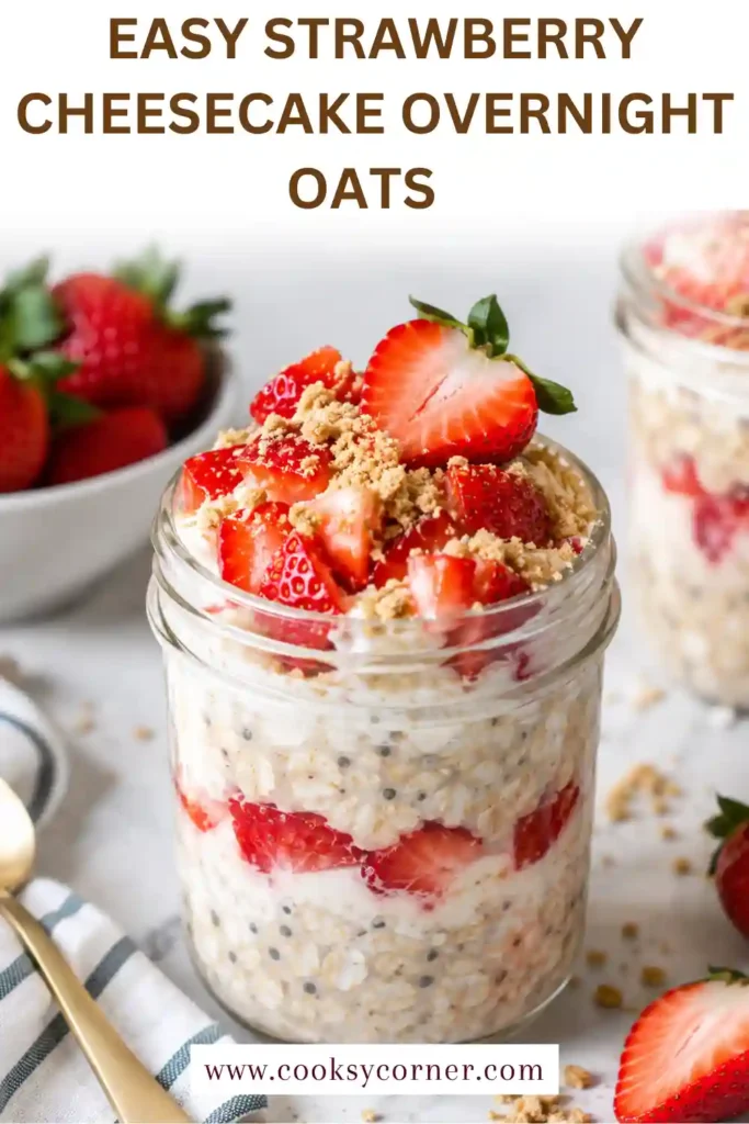 Creamy strawberry overnight oats topped with juicy strawberries, strawberry jam, and crushed graham crackers. This cheesecake overnight oats recipe makes a colorful make-ahead breakfast.