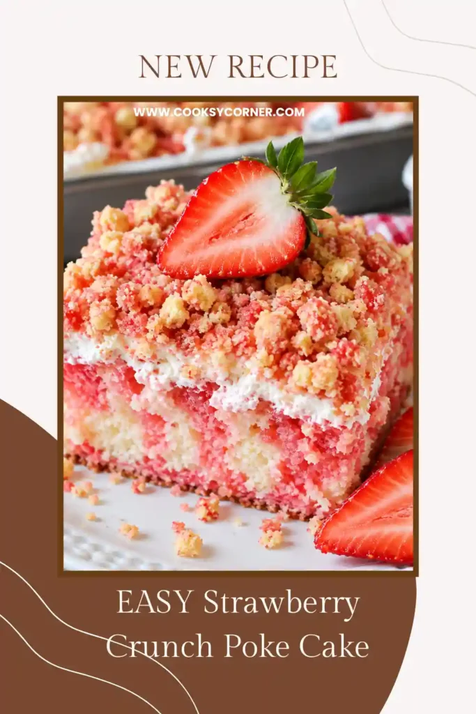 Strawberry crunch cake covered with crushed golden sandwich cookies, strawberry-flavored crumbs, and fresh strawberries. The colorful topping sits over a smooth layer of fluffy cream cheese frosting.