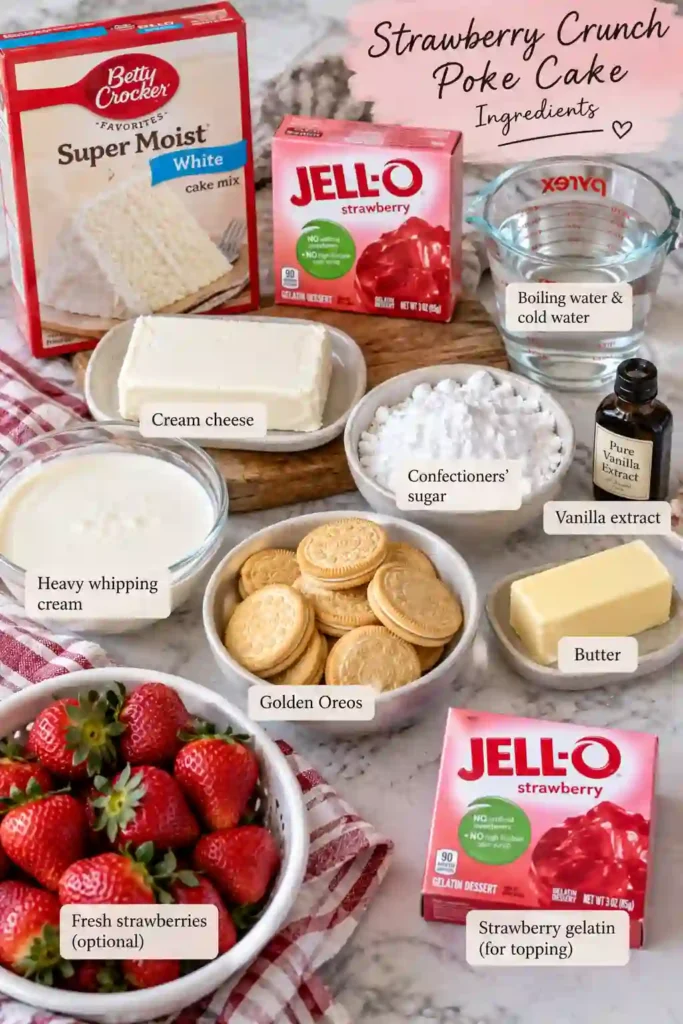 Strawberry Crunch Poke Cake sliced into squares and served as a chilled dessert with cream cheese frosting and strawberry cookie crumbs. Fresh strawberries add color to the moist strawberry sheet cake.