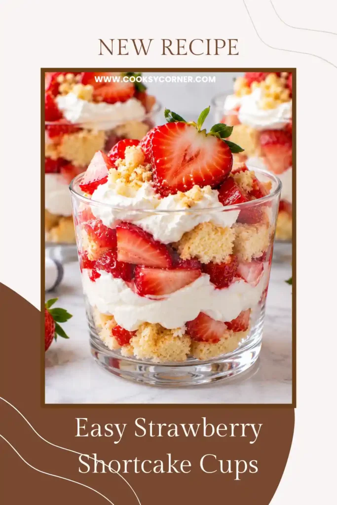 No-bake Strawberry Shortcake Cups served in clear glasses with fresh strawberry pieces, golden angel food cake, and creamy cheesecake filling. The layered dessert is finished with a ripe strawberry garnish.