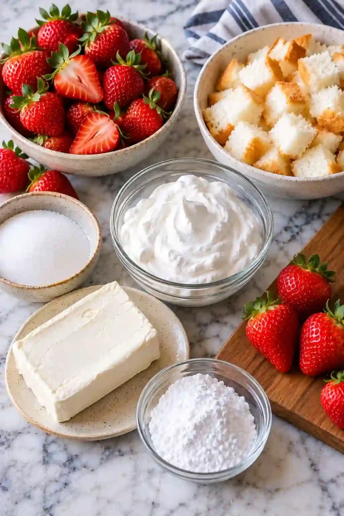 Strawberry shortcake parfait made with soft angel food cake cubes, juicy macerated strawberries, and smooth cream cheese filling. Colorful red and white layers are visible through the individual dessert cup.