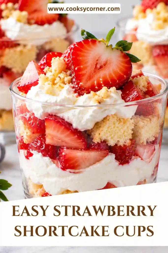 Individual strawberry shortcake dessert cups with visible layers of cubed angel food cake, sweetened strawberries, and fluffy cream. Fresh red strawberries decorate the top of each no-bake dessert.